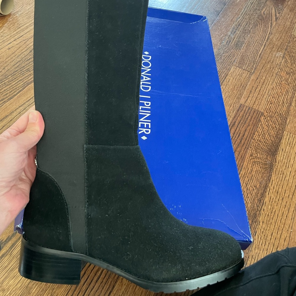 Donald J Pliner suede and elastic knee high black boots.